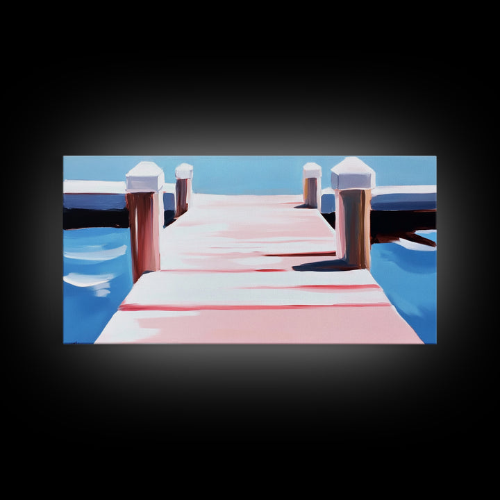 Dockside View, Nautical Art, Framed Canvas Print, Coastal Wall Decor, Beach House Aesthetic, Minimalist Ocean Painting