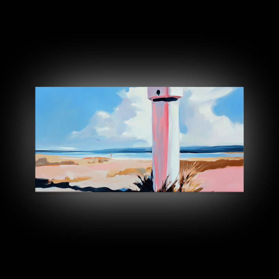 Coastal Lighthouse, Beach Wall Art, Nautical Decor, Ocean Landscape, Seaside Home, Modern Minimalist, Framed Canvas Print