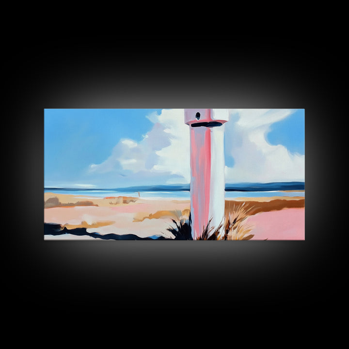 Coastal Lighthouse, Beach Wall Art, Nautical Decor, Ocean Landscape, Seaside Home, Modern Minimalist, Framed Canvas Print