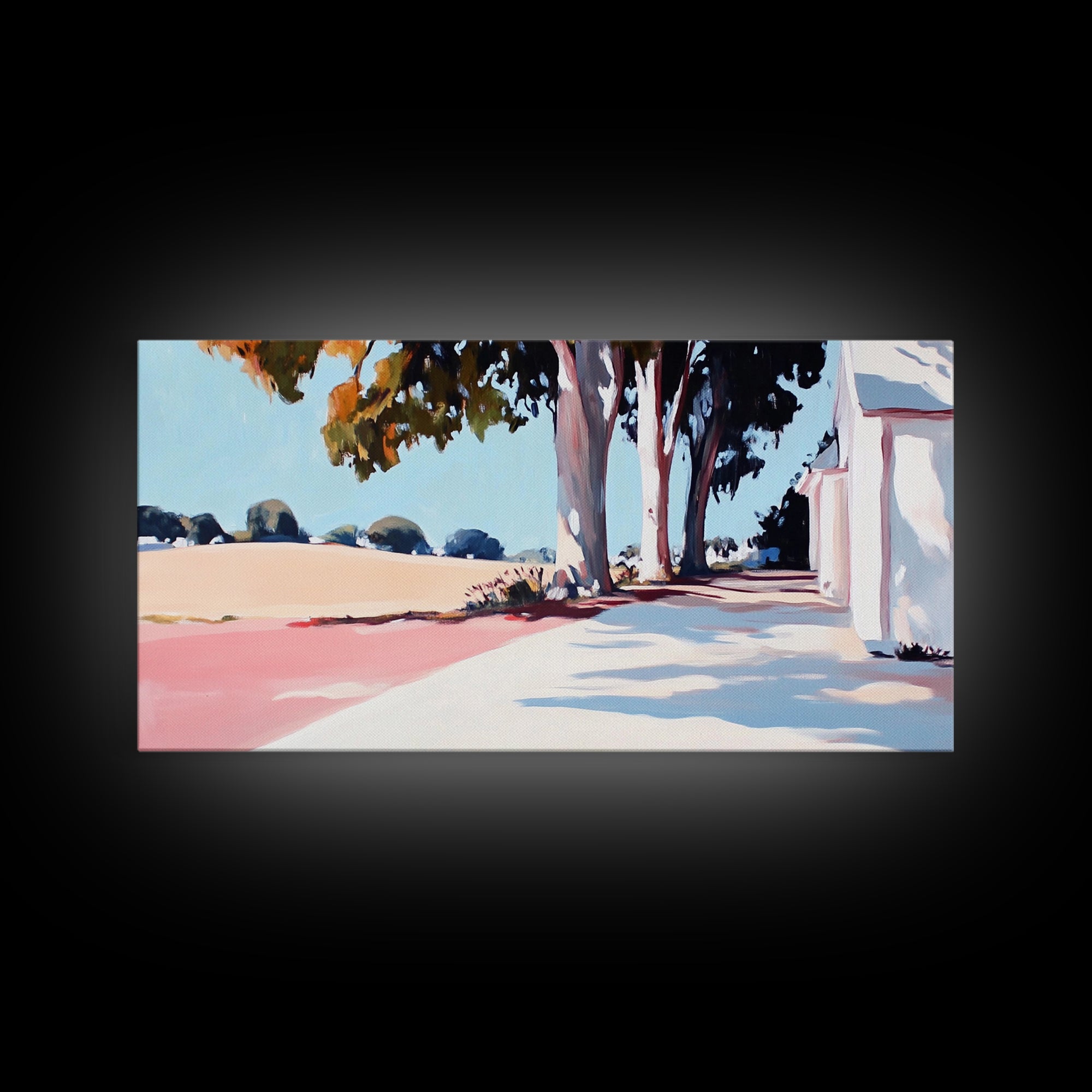 Country Road, Rural Landscape, Serene Nature, Golden Fields, Rustic Farmhouse, Countryside Charm, Warm Autumn Hues, Canvas Print