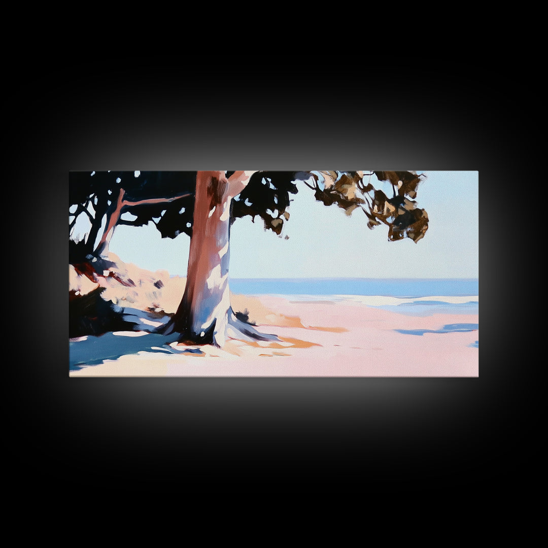 Coastal Tree, Beach Serenity, Ocean Landscape, Minimalist Aesthetic, Tranquil Seascape, Boho Decor, Nature Art, Framed Canvas Print