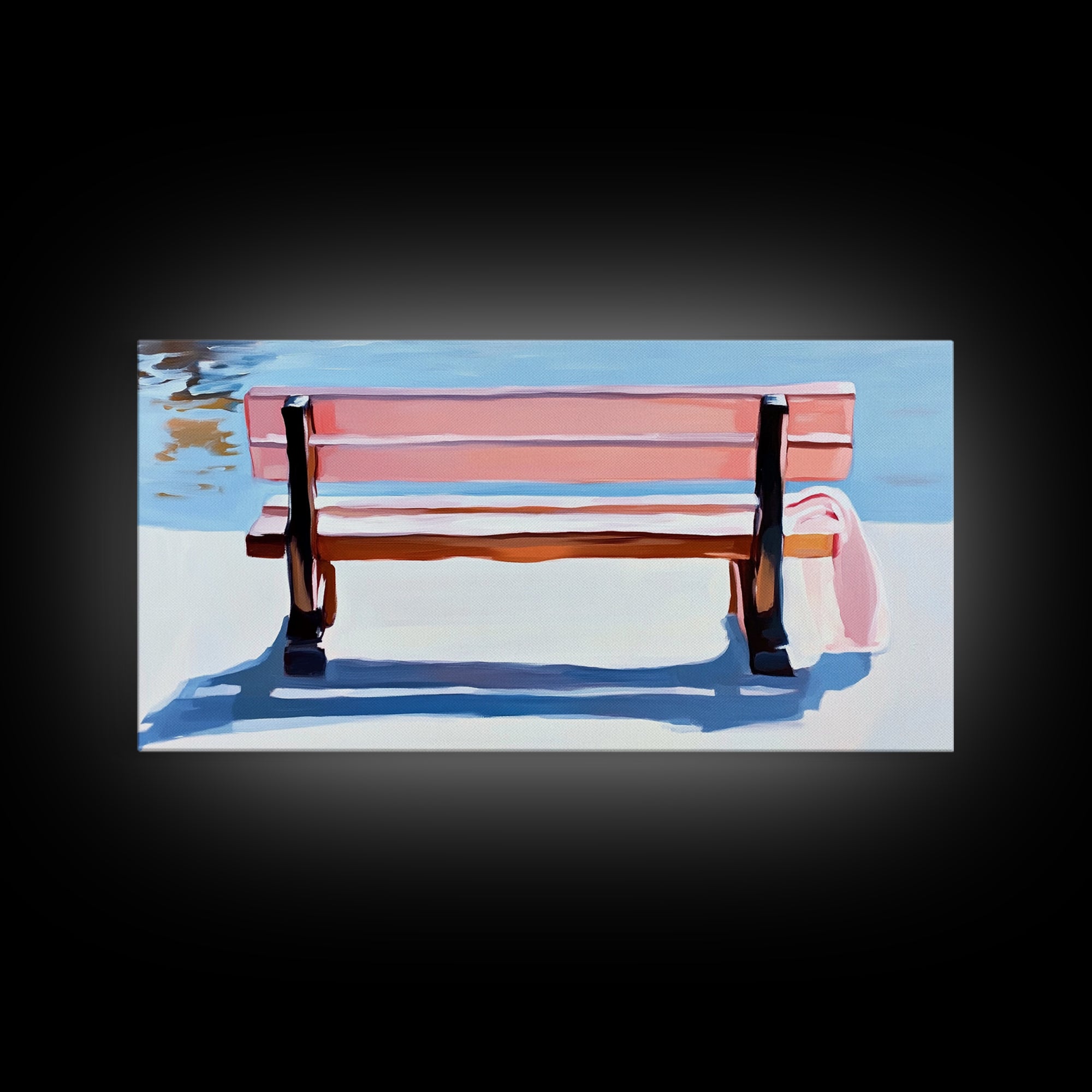 Park Bench, Peaceful Moment, Minimalist Art, Living Room Wall Art, Pastel Landscape, Framed Canvas Print, Impressionist Style, Soft Blue Pink