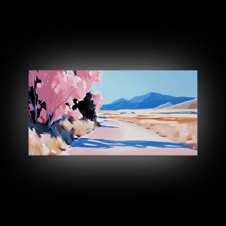 Blossoms, Mountain Path, Scenic Landscape Art, Nature Painting, Boho Decor, Framed Canvas Print, Pastel Pink Trees, Serene Wall Art
