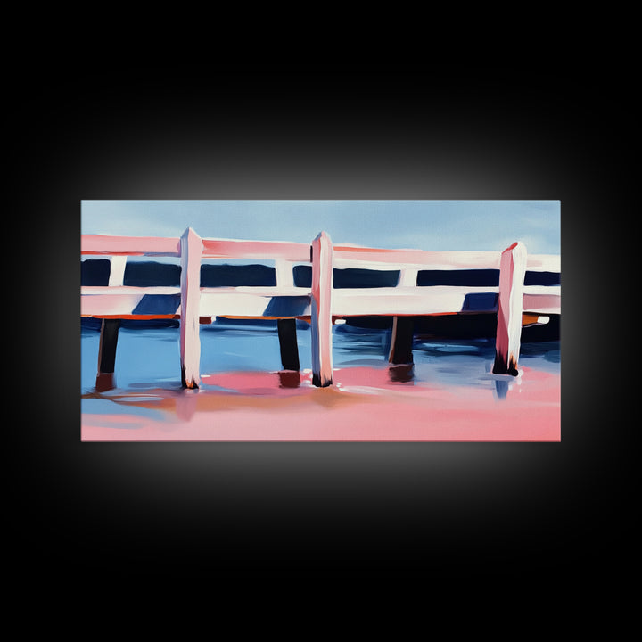 Dock, Reflections, Landscape Art, Nautical Decor, Serene Water Painting, Framed Canvas Print, Minimalist Seaside Art, Blue Pink Aesthetic