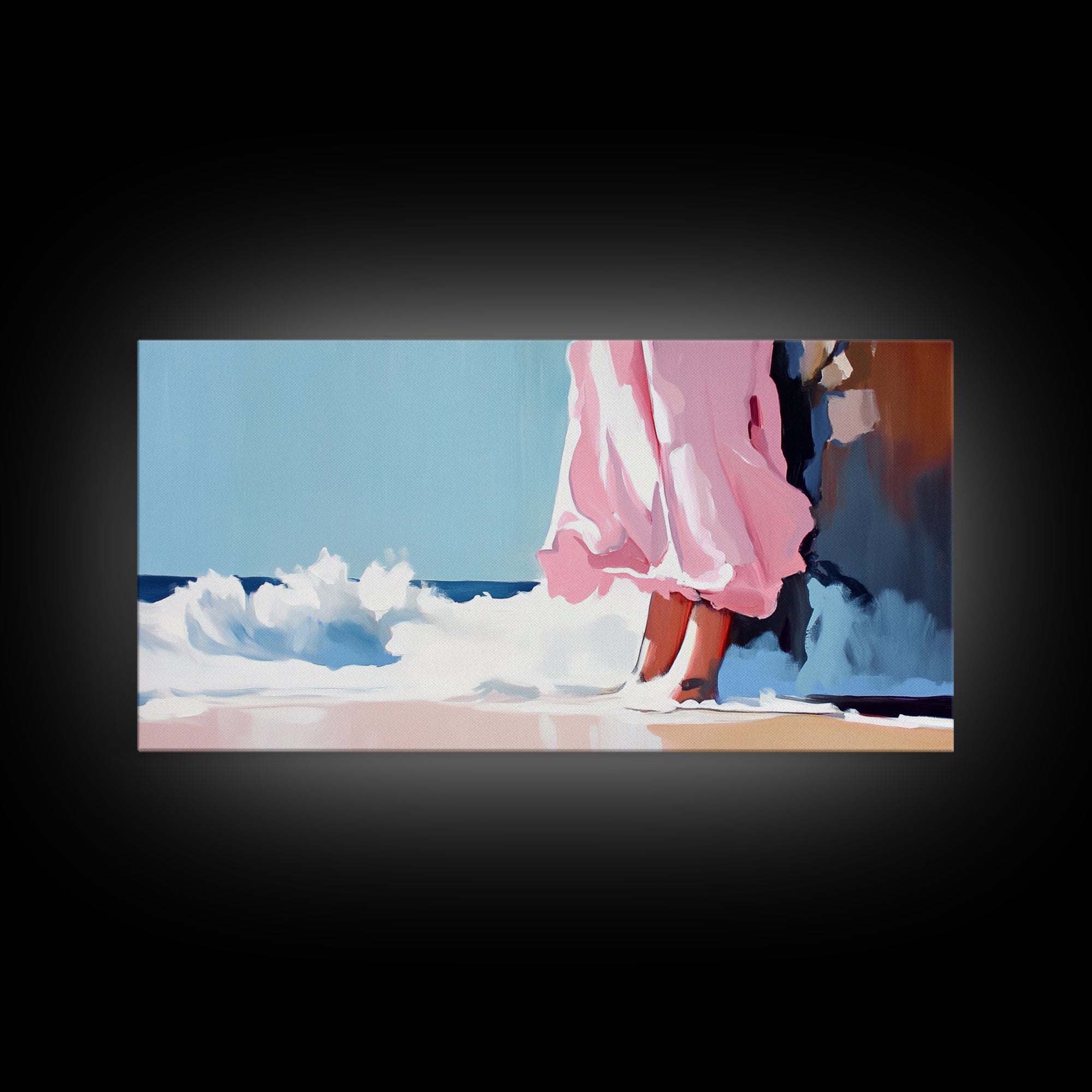 Ocean Breeze, Pink Dress, Coastal Art, Modern Seascape, Minimalist Wall Art, Living Room Decor, Beach Aesthetic, Canvas Print