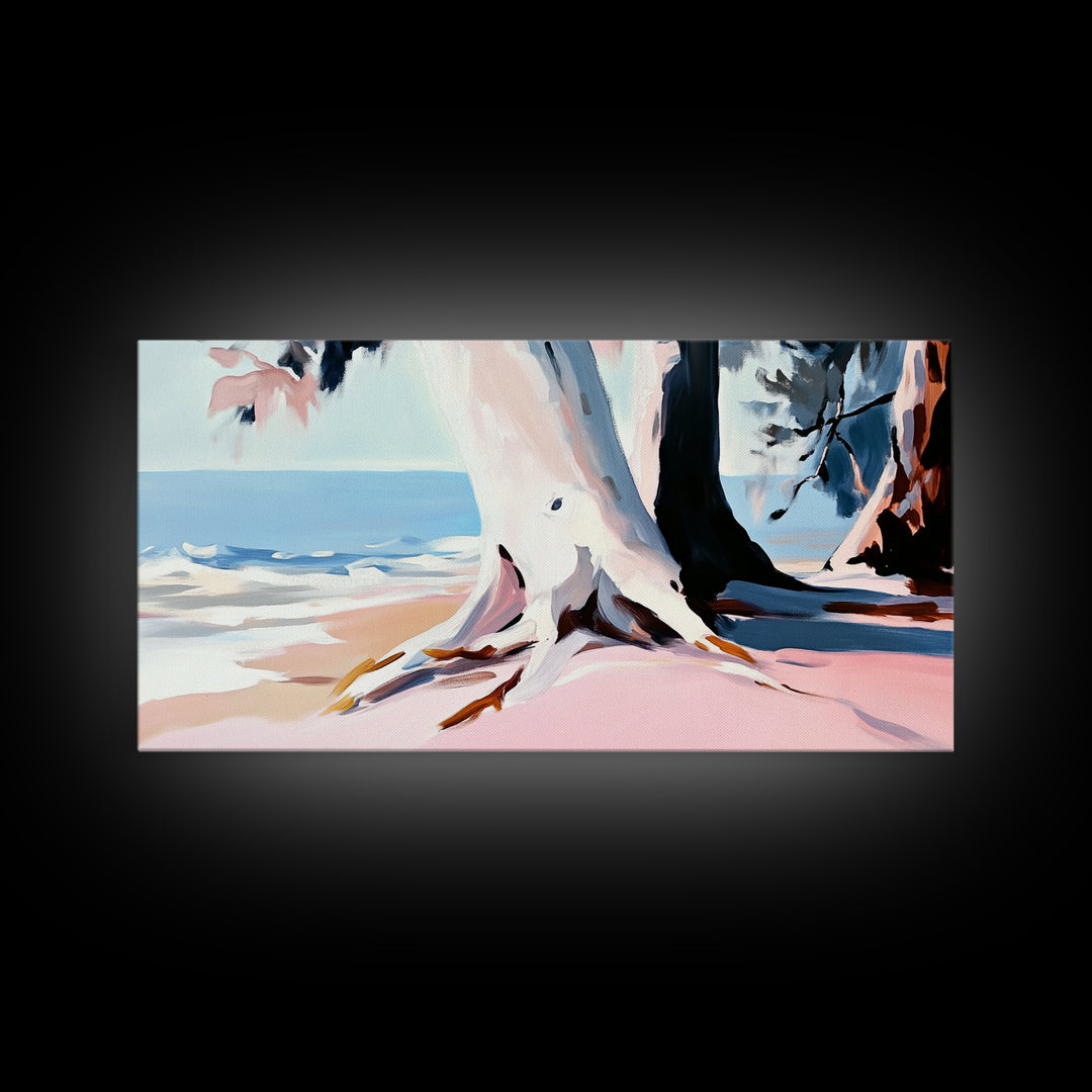 Beach Tree, Coastal Roots, Modern Nature Art, Minimalist Seascape, Living Room Wall Art, Tranquil Landscape, Canvas Print