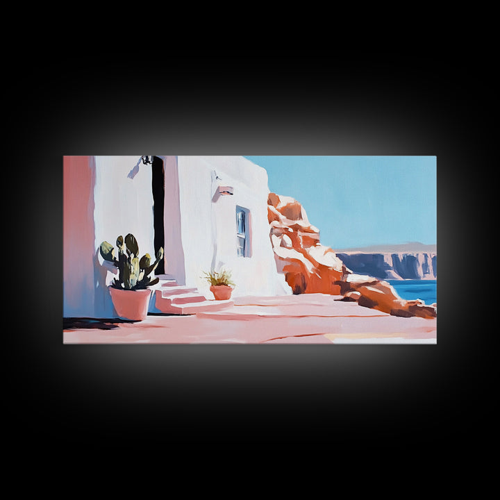Cliffside House, Mediterranean Wall Art, Travel Print, Santorini Inspired Decor, Minimalist Aesthetic, Framed Canvas Print, Living Room