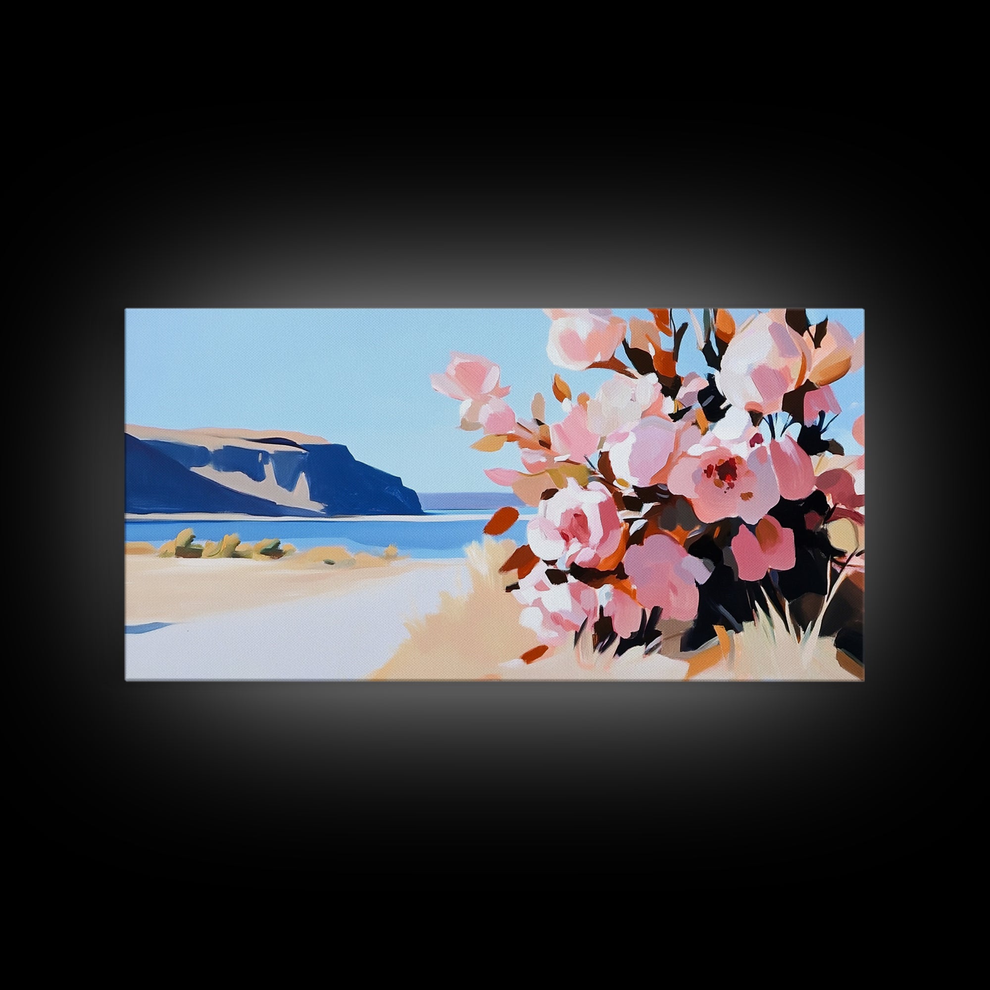 Coastal Flowers, Blue Ocean, Beach Aesthetic, Vibrant Nature Art, Boho Wall Decor, Bedroom Art, Pink Floral Scene, Canvas Print