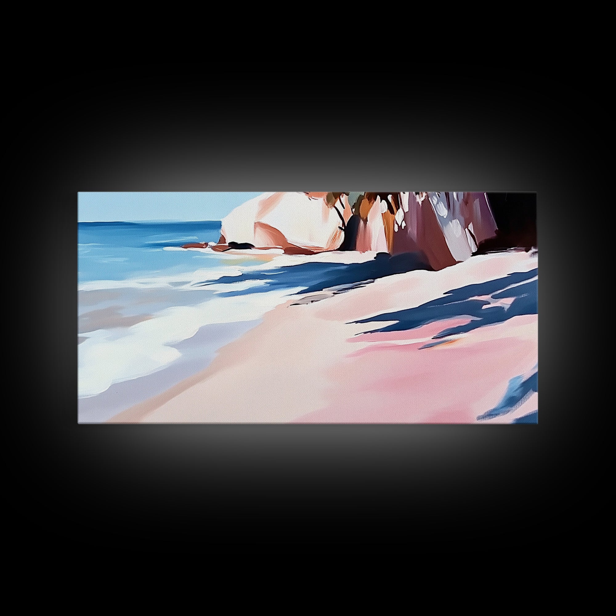 Ocean Shoreline, Rocky Beach, Blue Waves, Canvas Print, Modern Coastal Art, Beach House Decor, Living Room Wall Art, Minimalist Seascape