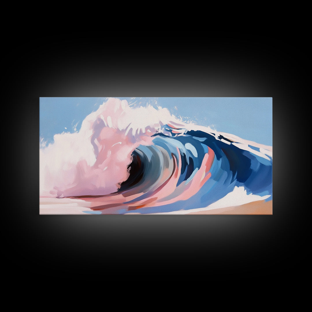 Ocean Wave, Abstract Seascape, Beach Aesthetic, Coastal Home, Canvas Print, Modern Beach House Wall Art, Blue and Pink Waves, Surf Art