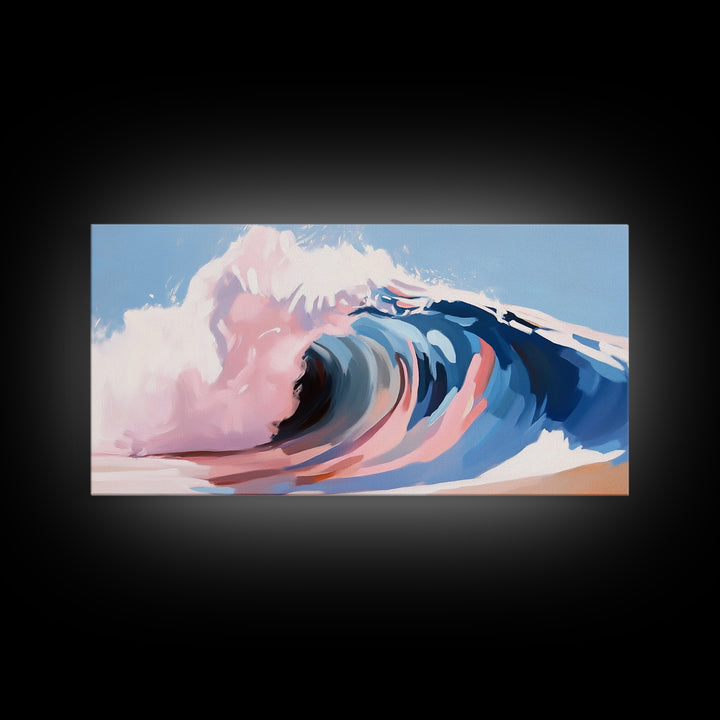 Ocean Wave, Abstract Seascape, Beach Aesthetic, Coastal Home, Canvas Print, Modern Beach House Wall Art, Blue and Pink Waves, Surf Art