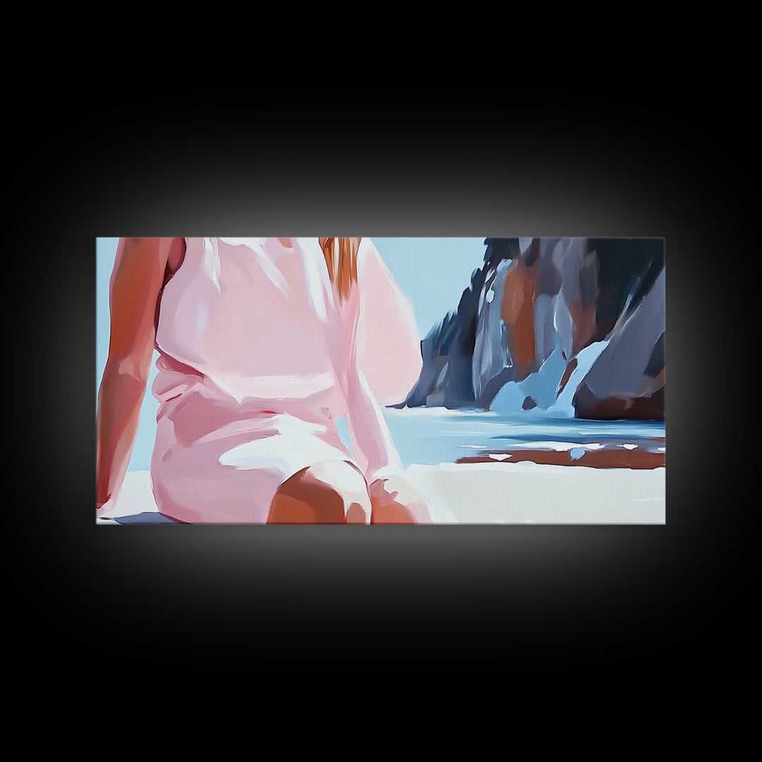 Beach Woman, Summer Aesthetic, Ocean Fashion, Boho Wall Art, Framed Canvas Print, Coastal Beauty, Modern Beach House Decor, Minimalist Artwork