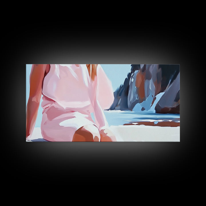 Beach Woman, Summer Aesthetic, Ocean Fashion, Boho Wall Art, Framed Canvas Print, Coastal Beauty, Modern Beach House Decor, Minimalist Artwork