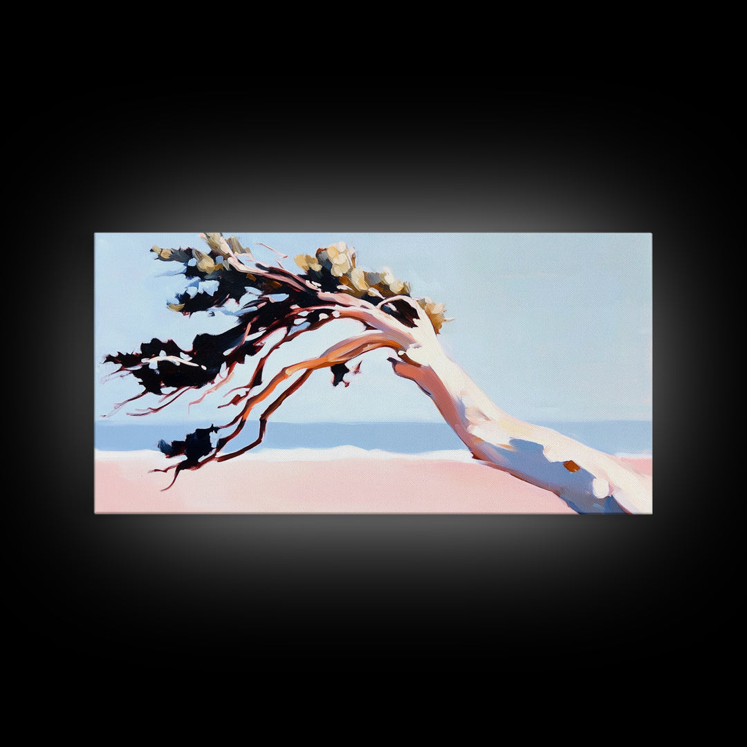 Coastal Tree, Windy Beach, Ocean Breeze, Framed Canvas Print, Minimalist Art, Coastal Wall Art, Living Room Wall Art, Beach House Decor