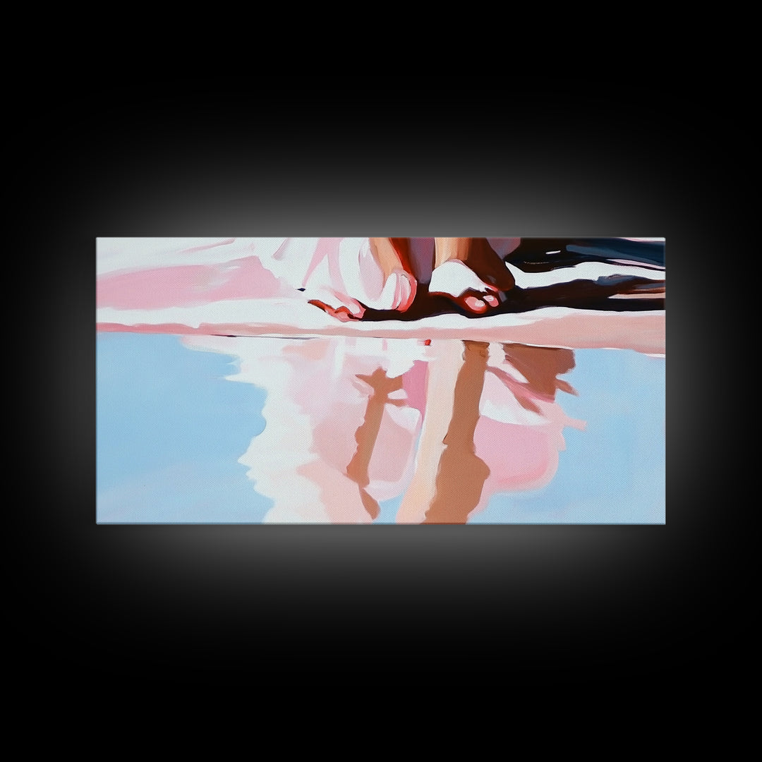 Barefoot Reflection, Sunlit Serenity, Beachside Calm, Framed Canvas Print, Coastal Home Decor, Ocean Art, Dreamy Seascape, Minimalist Aesthetic