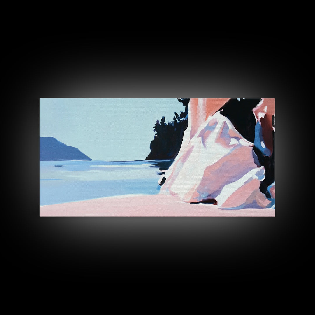 Cliffside View, Tranquil Waters, Framed Canvas Print, Coastal Wall Art, Minimalist Landscape, Serene Home Decor, Blue and Blush Tones