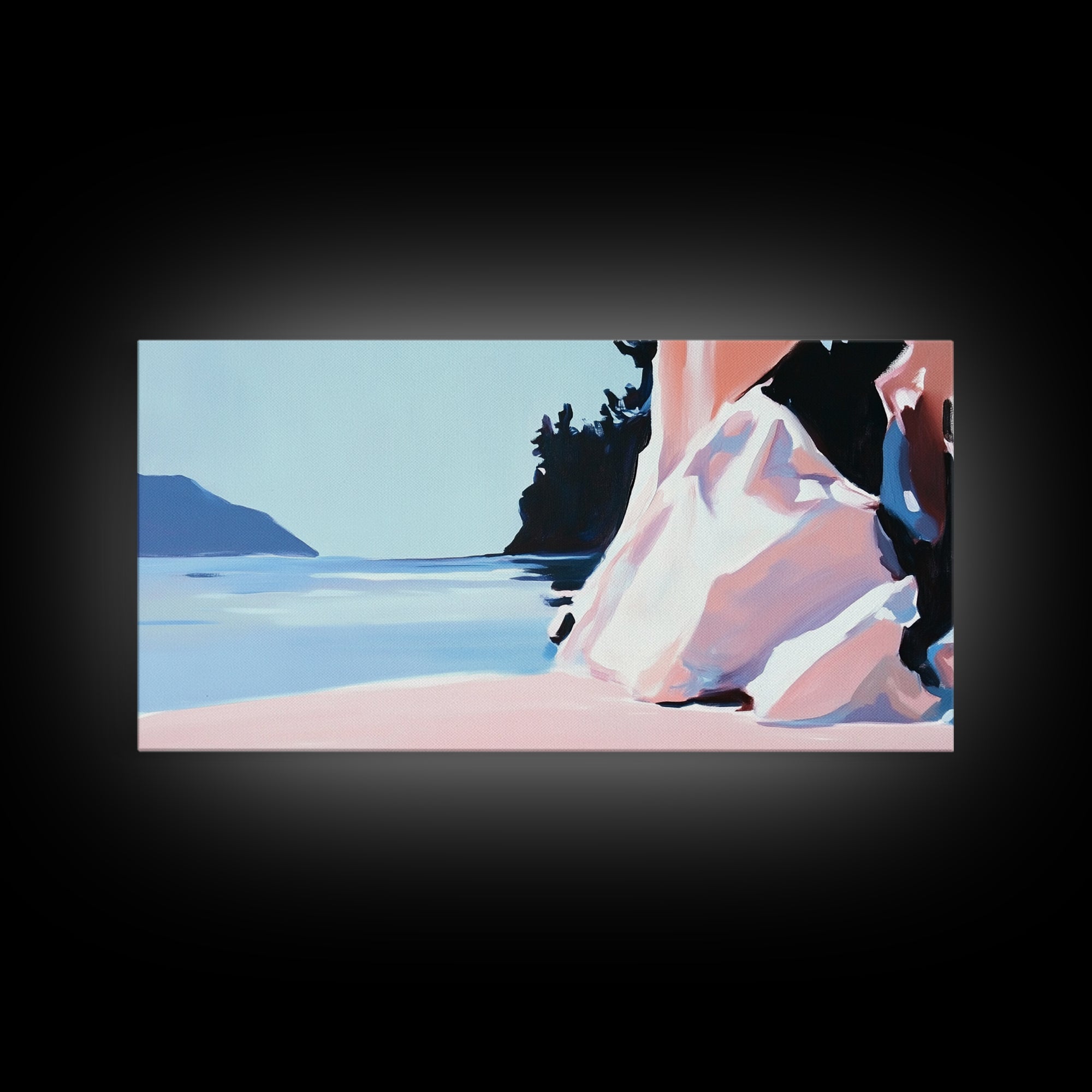 Cliffside View, Tranquil Waters, Framed Canvas Print, Coastal Wall Art, Minimalist Landscape, Serene Home Decor, Blue and Blush Tones