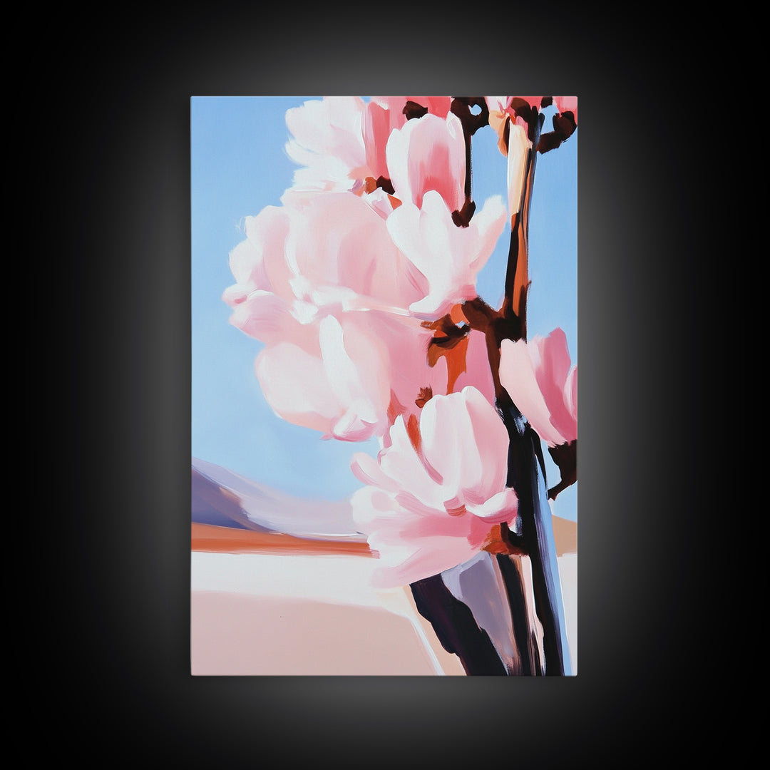 Blush Magnolia Art, Minimalist Floral Painting, Elegant Spring Decor, Pastel Botanical Print, Framed Canvas Print, Bedroom Wall Art