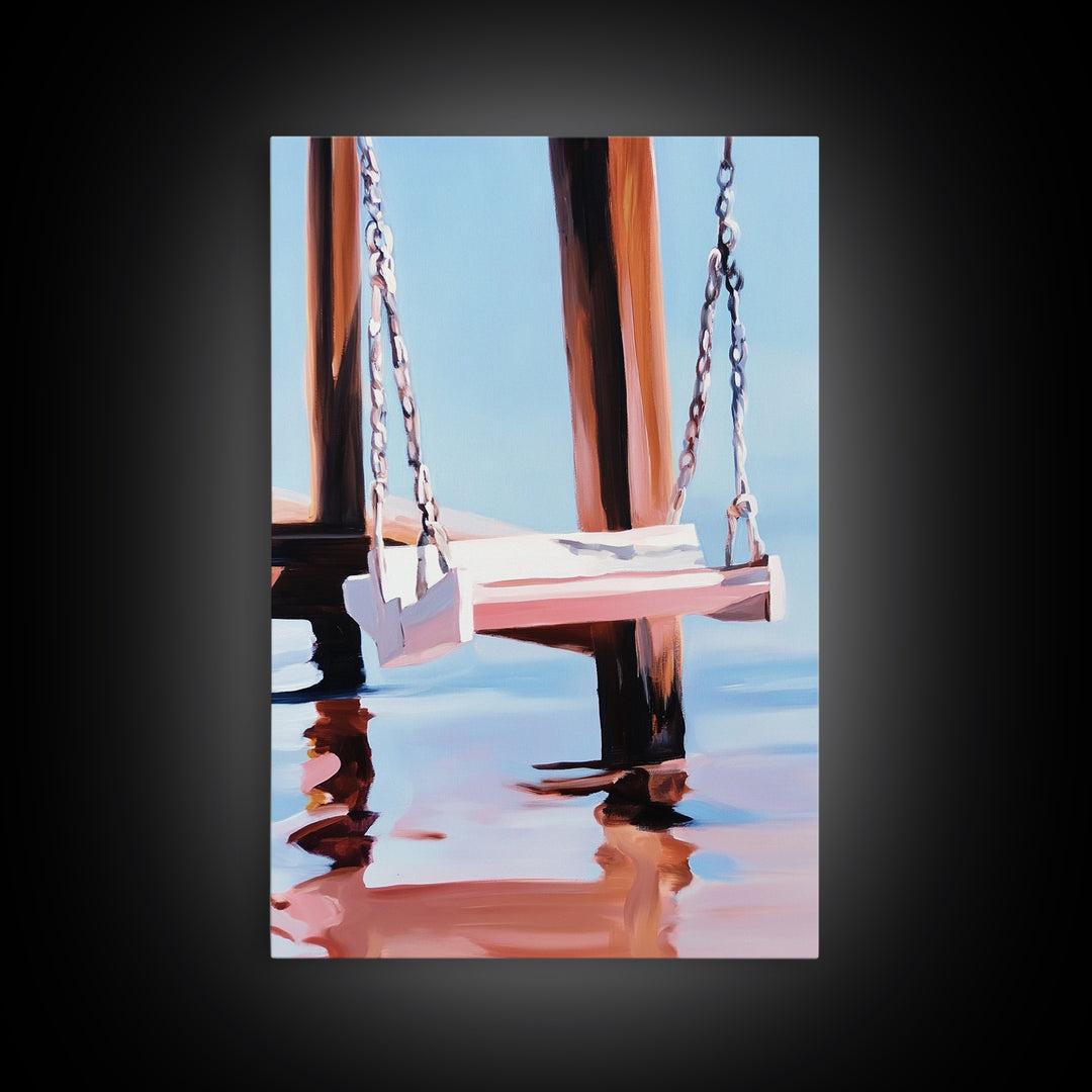 Dock Swing, Reflection Art, Nautical Decor, Relaxing Beach Scene, Minimalist Water Art, Canvas Print, Coastal Wall Art, Rustic Charm