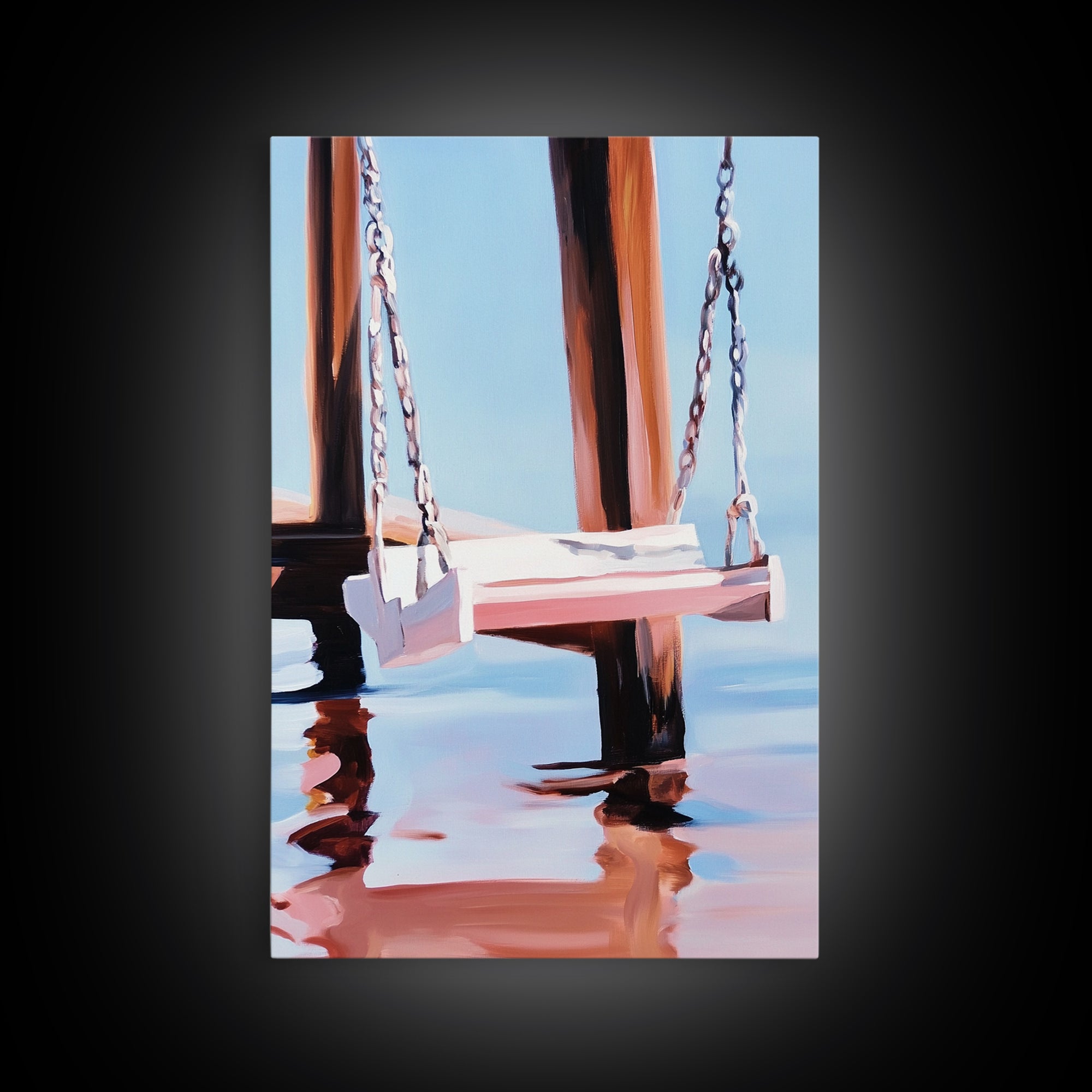 Dock Swing, Reflection Art, Nautical Decor, Relaxing Beach Scene, Minimalist Water Art, Canvas Print, Coastal Wall Art, Rustic Charm
