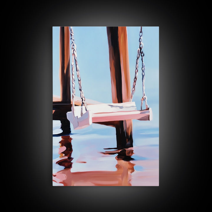 Dock Swing, Reflection Art, Nautical Decor, Relaxing Beach Scene, Minimalist Water Art, Canvas Print, Coastal Wall Art, Rustic Charm