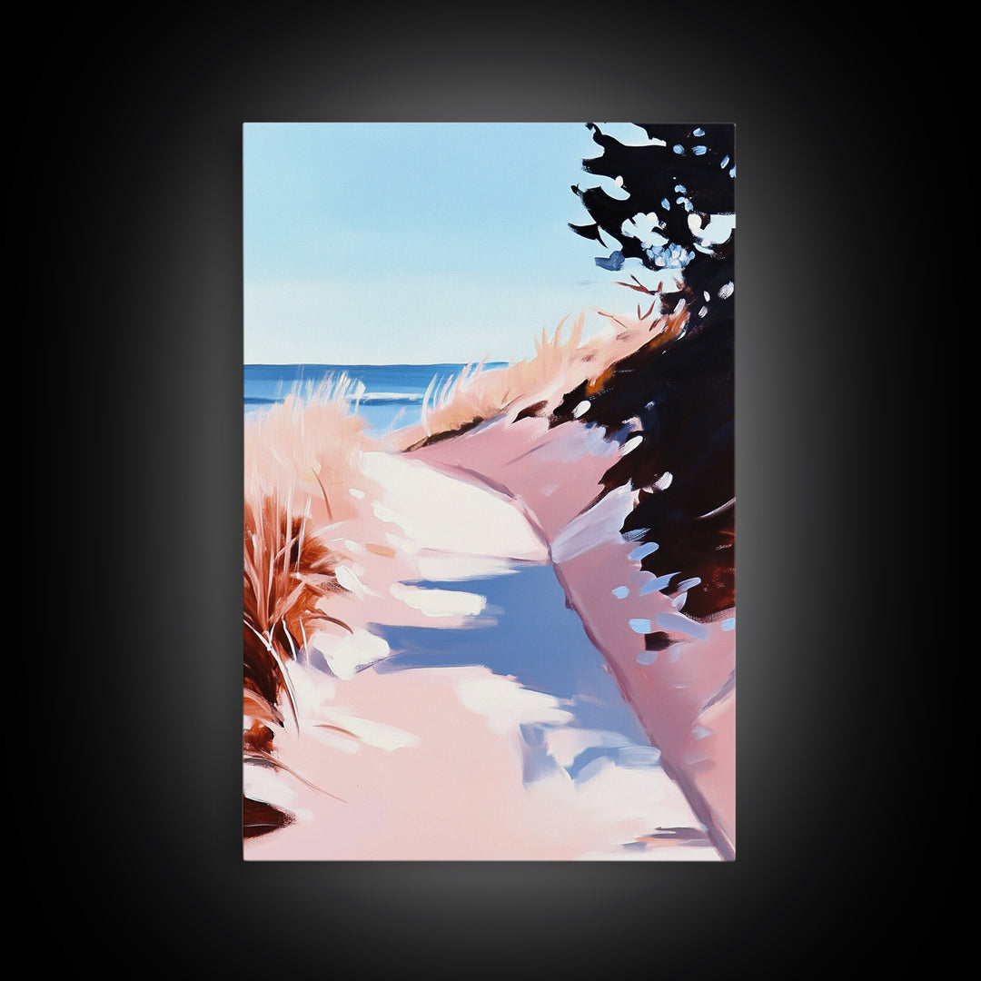 Coastal Dunes, Seaside Pathway, Beach Grass, Tranquil Nature Scene, Canvas Print, Living Room Wall Art, Soft Pastel Landscape