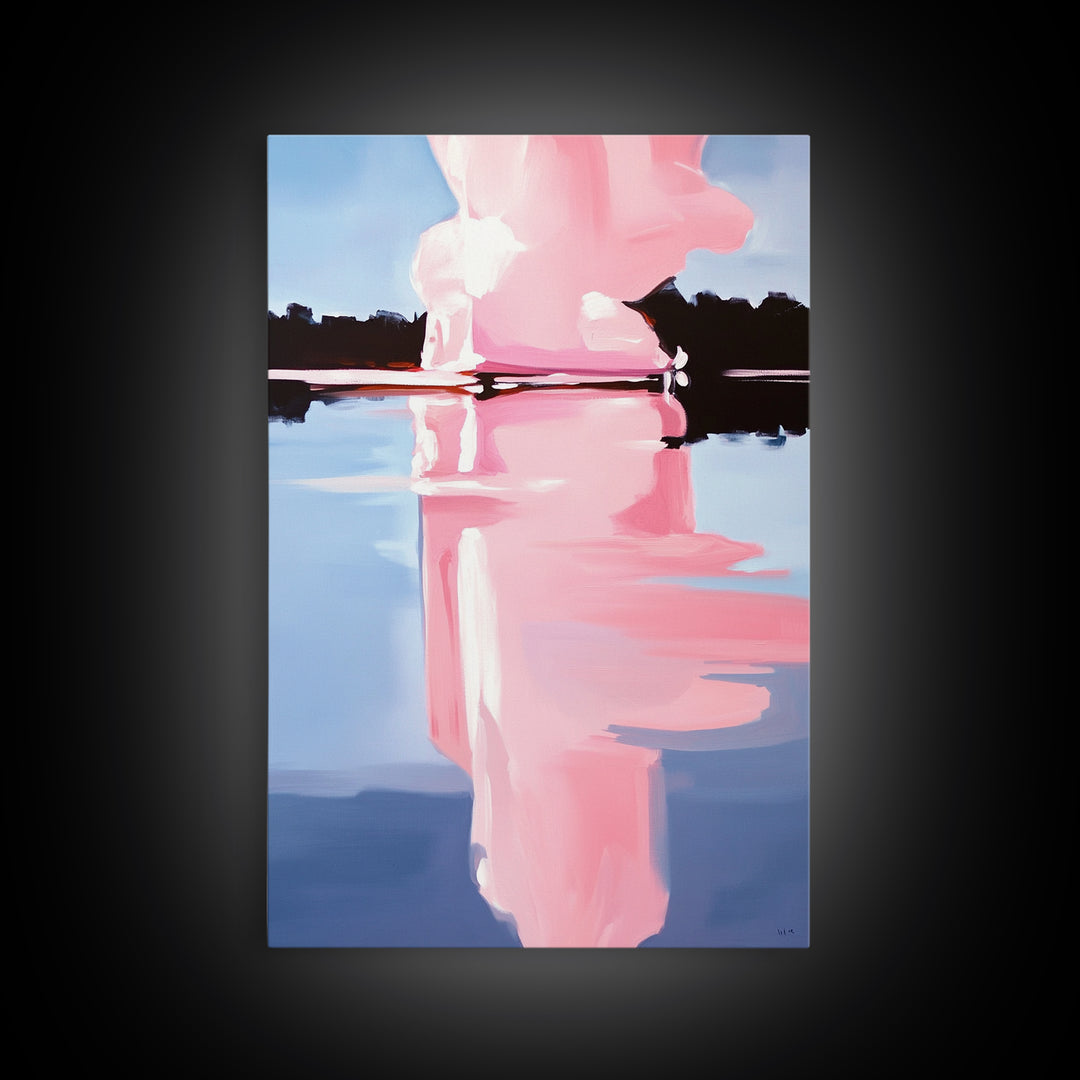 Pink Cloud, Reflection Art, Modern Landscape, Framed Canvas Print, Blue Sky Painting, Large Wall Art, Minimalist Decor, Office Art