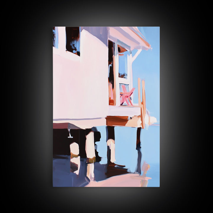 Coastal House, Seaside Home, Beachfront Art, Framed Canvas Print, Modern Coastal Art, Living Room Wall Art, Ocean Painting