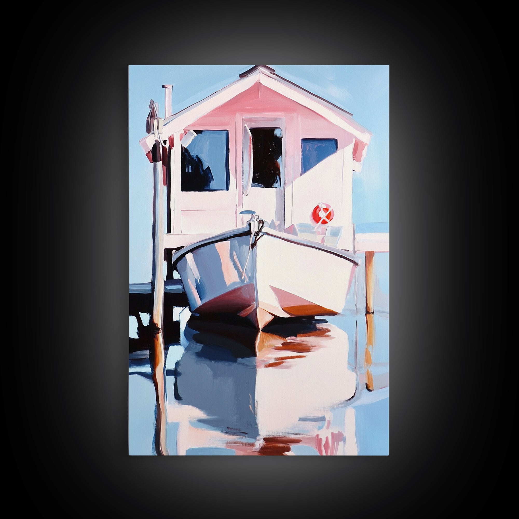 Boat Dock, Harbor Scene, Nautical Home Art, Coastal Wall Decor, Framed Canvas Print, Minimalist Beach Art, Modern Painting, Boho Art