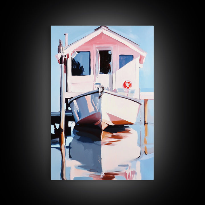 Boat Dock, Harbor Scene, Nautical Home Art, Coastal Wall Decor, Framed Canvas Print, Minimalist Beach Art, Modern Painting, Boho Art