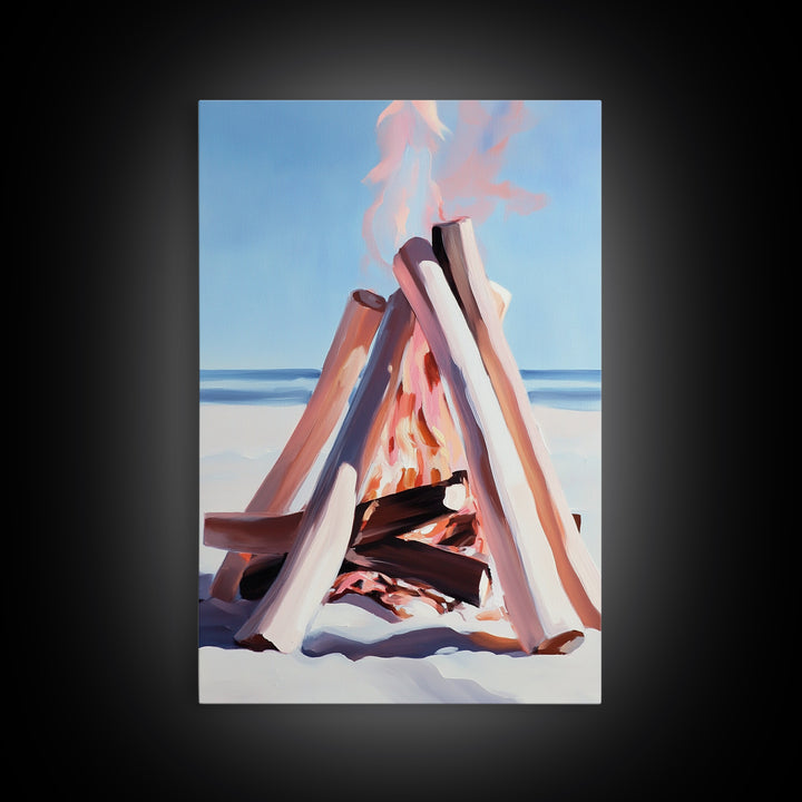 Beach Bonfire, Coastal Art, Ocean Sunset, Warm Minimalist, Canvas Print, Coastal Home Decor, Relaxing Wall Art, Boho Aesthetic