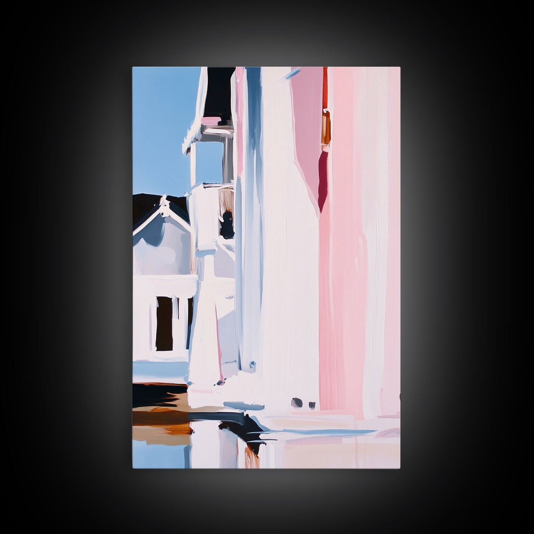 Pink Cityscape, Modern Architecture, Framed Canvas Print, Minimalist Wall Art, Soft Pastel Decor, Urban Home Design, Contemporary Aesthetic