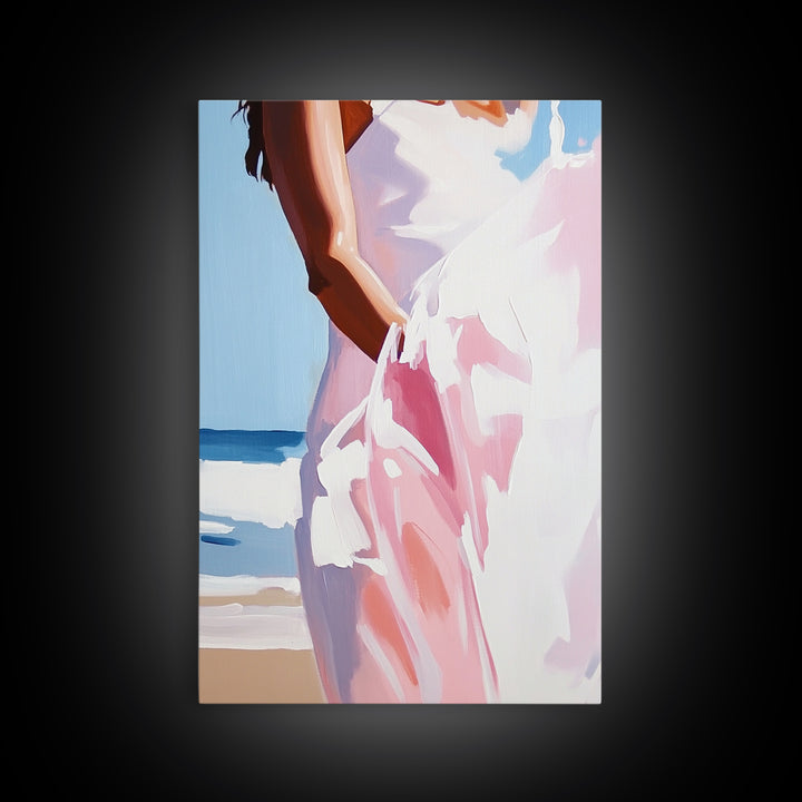 Beach, Dress, Breeze, Feminine, Canvas Print, Minimalist Art, Soft Pastel Art, Bedroom Wall Art, Aesthetic Home Decor, Coastal Wall Hanging