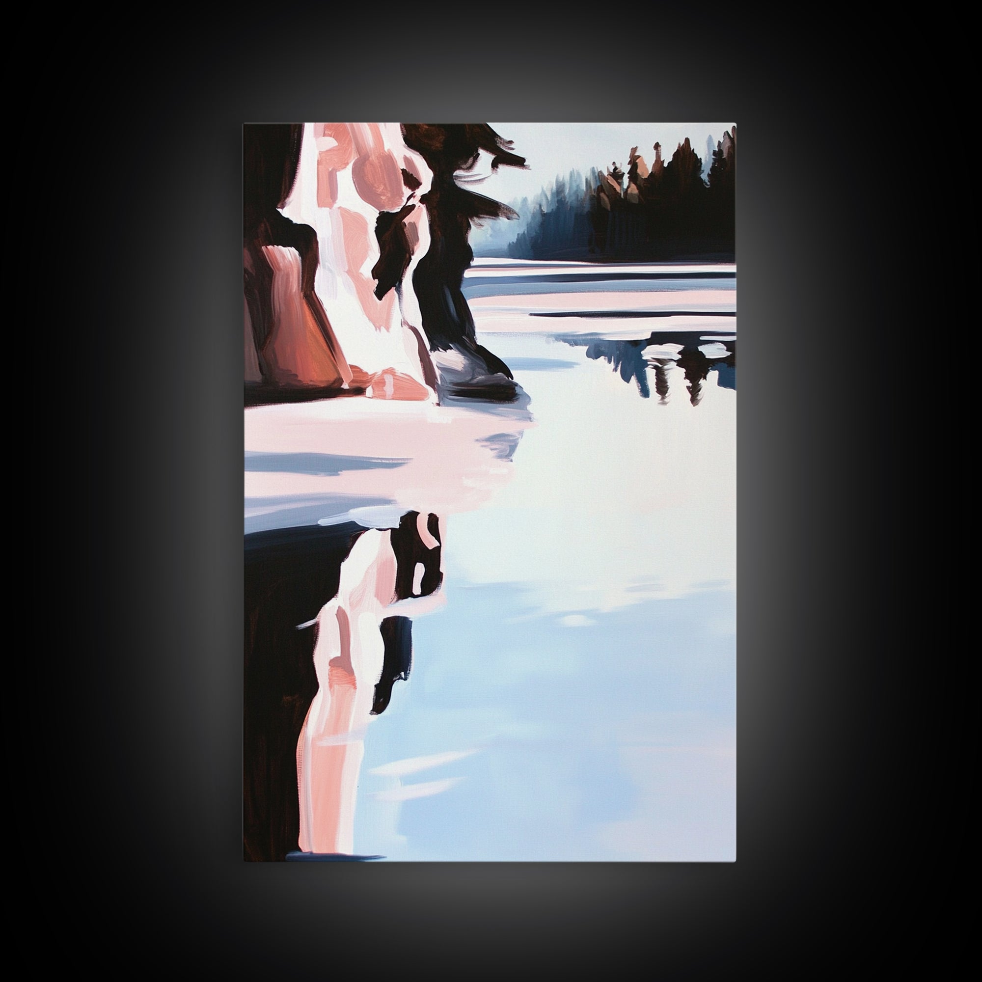 Winter Lake, Reflections, Moody Landscape, Nature Photography Style, Cool Tones, Wilderness Art, Cabin Decor, Framed Canvas Print