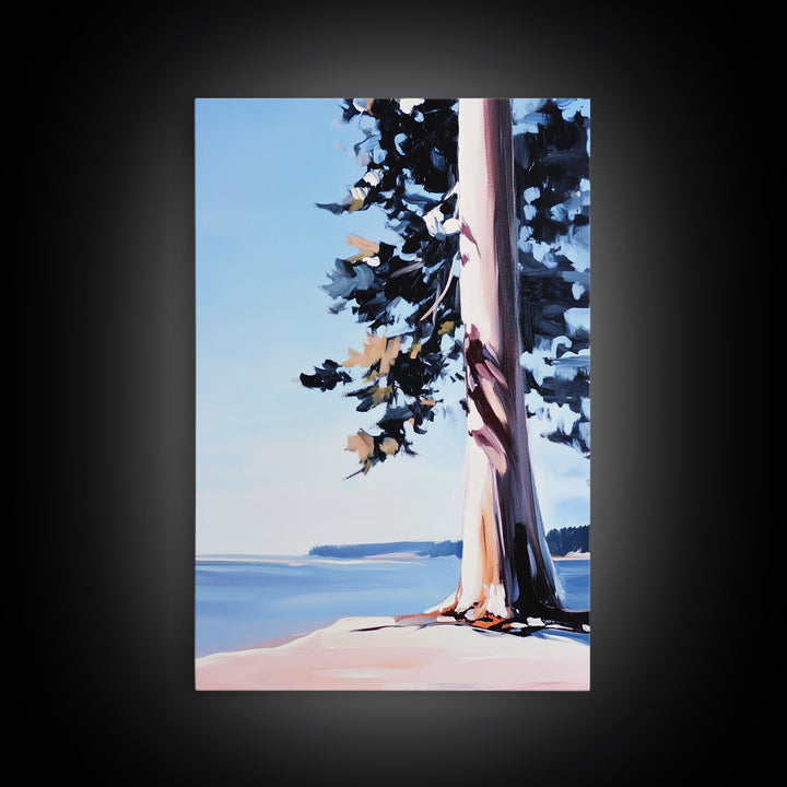 Coastal Tree, Lakeside Art, Tranquil Scene, Framed Canvas Print, Serene Nature Art, Minimalist Landscape, Living Room Wall Art