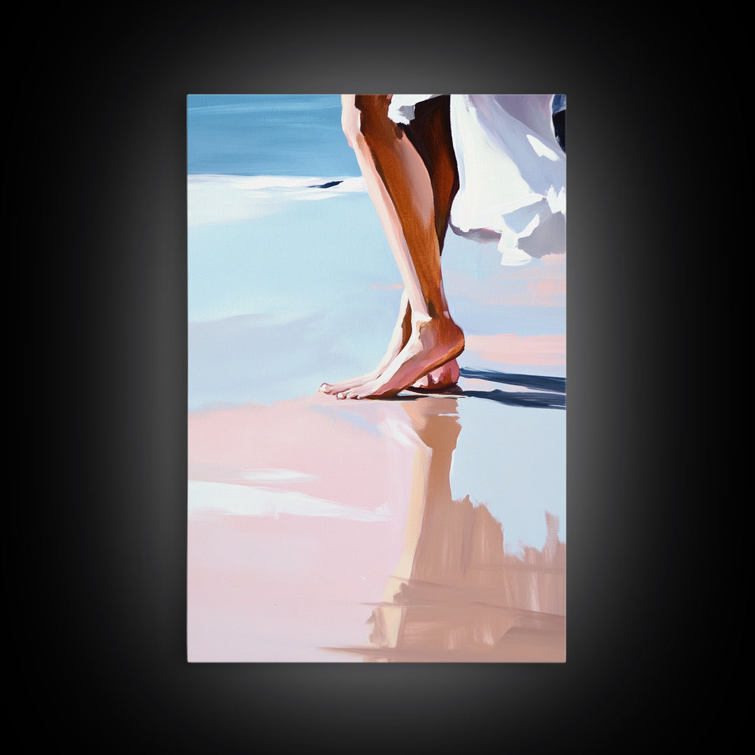 Barefoot Walk, Beach Reflection, Seaside Painting, Framed Canvas Print, Coastal Home Decor, Boho Art, Relaxing Bedroom Wall Art