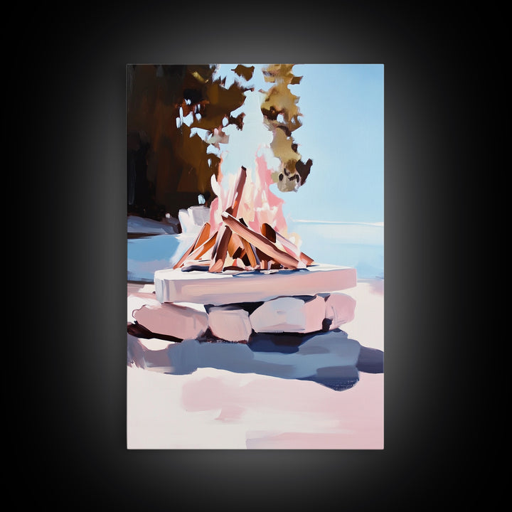 Campfire, Outdoor Retreat, Cozy Night, Framed Canvas Print, Cabin Decor, Rustic Wall Art, Autumn Home Art, Lodge Painting