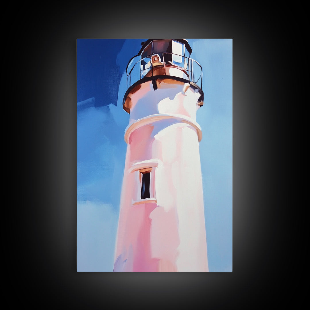 Coastal Lighthouse, Nautical Wall Art, Ocean Beach House, Framed Canvas Print, Minimalist Art, Living Room Wall Decor, Blue Sky