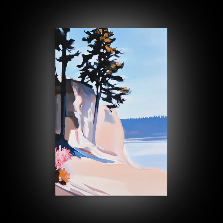 Cliffside View, Coastal Landscape Art, Ocean Breeze, Boho Wall Decor, Minimalist Painting, Relaxing Home Art, Framed Canvas Print, Scenic