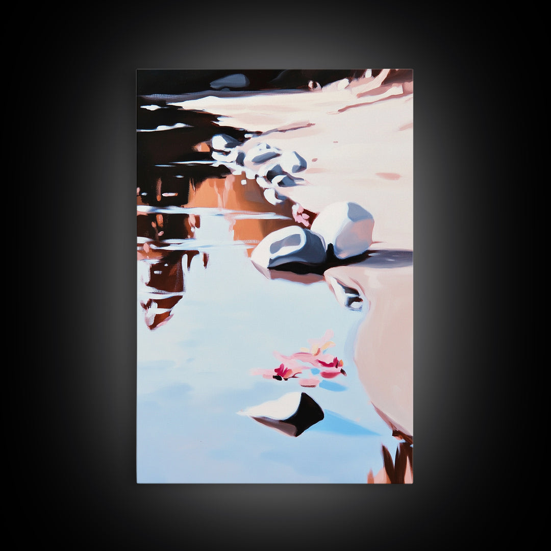 River Rock Art, Abstract Water Reflection, Serene Nature Print, Framed Canvas Print, Boho Landscape, Minimalist Decor, Living Room Art