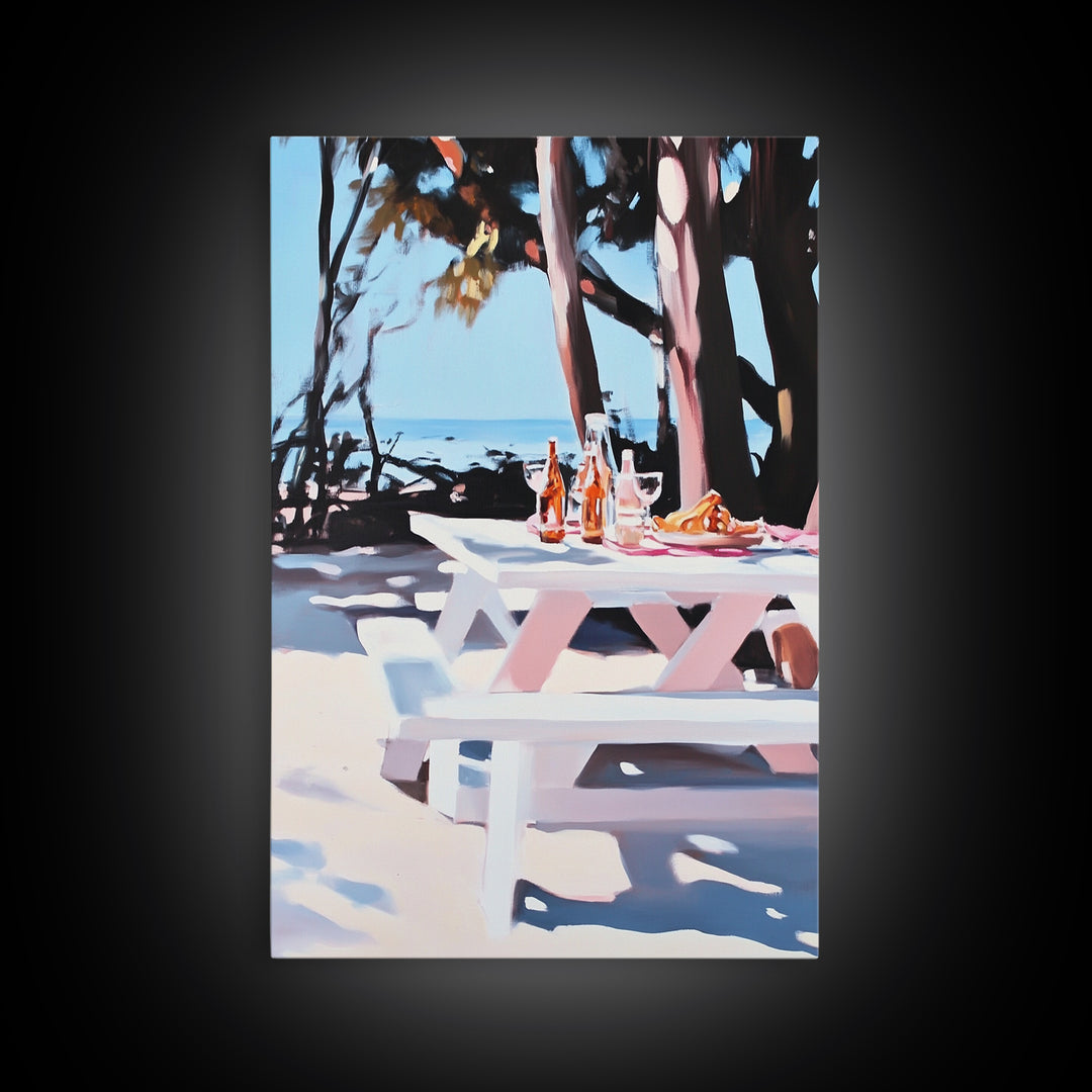 Picnic Wine, Beach Art, Coastal, Relaxing, Dining, Summer, Ocean, Boho, Aesthetic, Outdoor Living, Pastel, Canvas Print