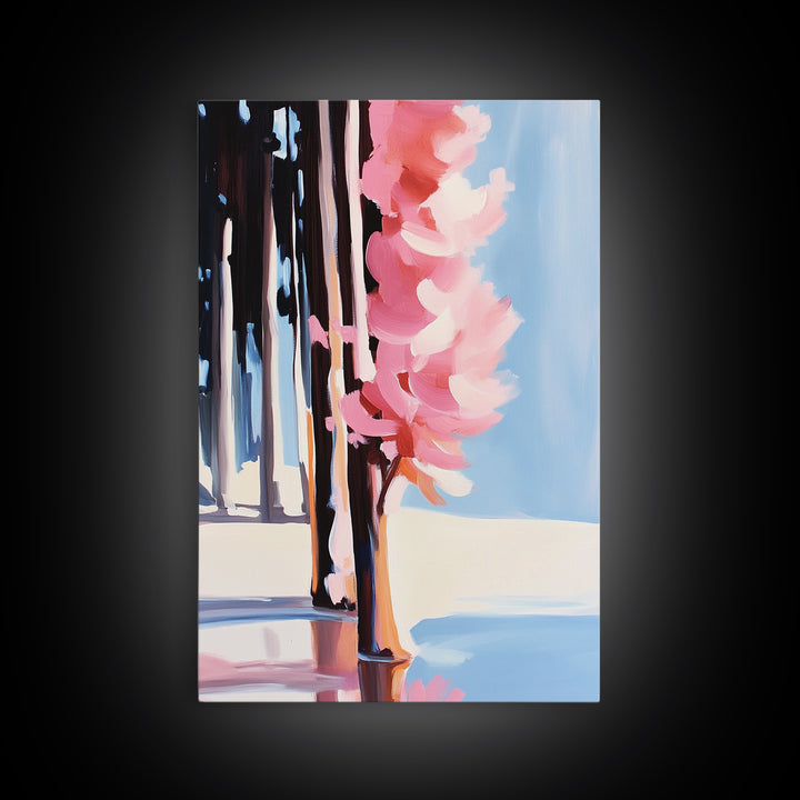 Pink Blossoms, Nature, Floral, Botanical, Spring, Bloom, Elegant, Soft Tones, Romantic, Minimalist, Aesthetic, Framed Canvas Print