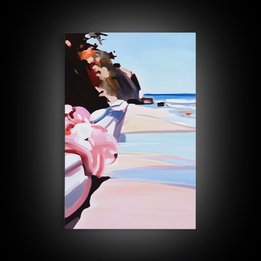 Ocean View, Coastal, Beach House, Serene, Dreamy, Pink Accents, Soft Hues, Summer, Relaxing, Minimalist, Boho, Canvas Print