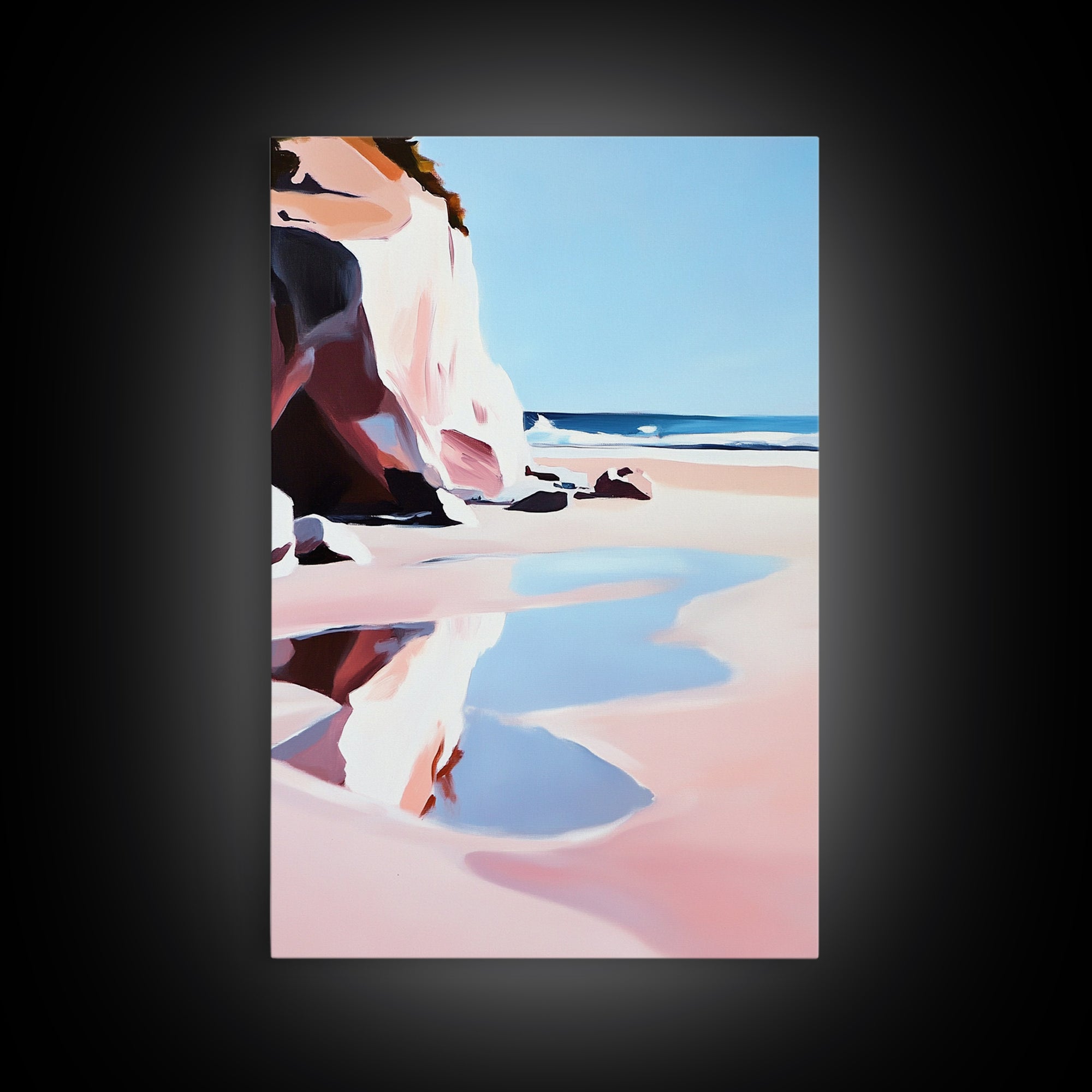 Cliffside Beach, Coastal Retreat, Relaxing Seascape, Ocean View, Soft Pastels, Tranquil Art, Summer Vibes, Framed Canvas Print