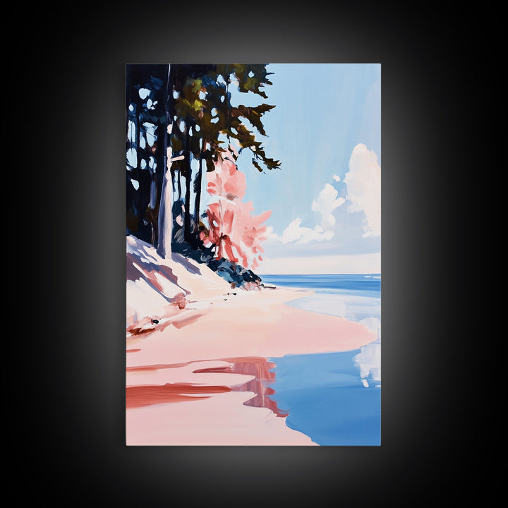 Pine Trees, Coastal Forest, Nature Escape, Lake View, Rustic Art, Peaceful Landscape, Blue and Green, Framed Canvas Print, Cabin Decor