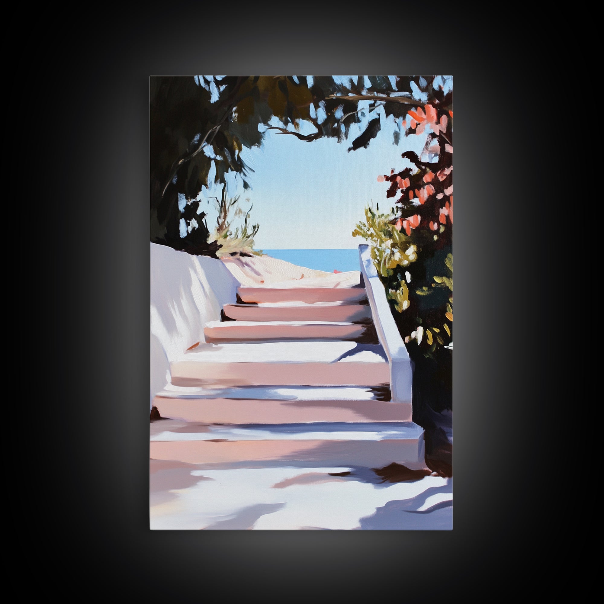 Beach Stairs, Seaside Getaway, Summer Vibes, Tropical Aesthetic, Warm Sunlight, Coastal Home Decor, Framed Canvas Print, Entryway