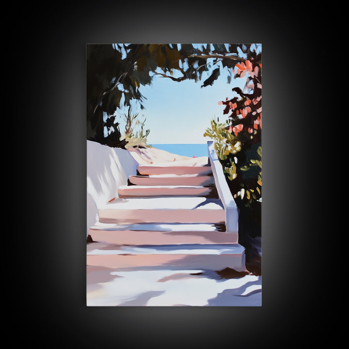 Beach Stairs, Seaside Getaway, Summer Vibes, Tropical Aesthetic, Warm Sunlight, Coastal Home Decor, Framed Canvas Print, Entryway