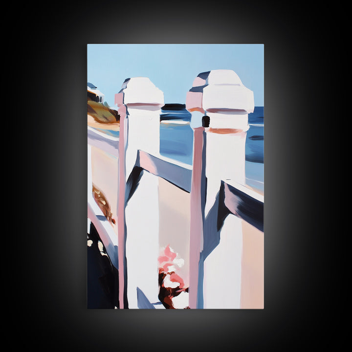 Coastal Railing, Seaside Escape, Nautical Aesthetic, Framed Canvas Print, Beach House Wall Art, Ocean View Decor, Minimalist Blue Art