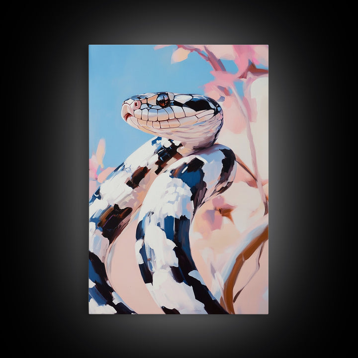 Black and White Snake, Nature Portrait, Wildlife Art, Framed Canvas Print, Jungle Theme Decor, Modern Animal Wall Art, Office Accent