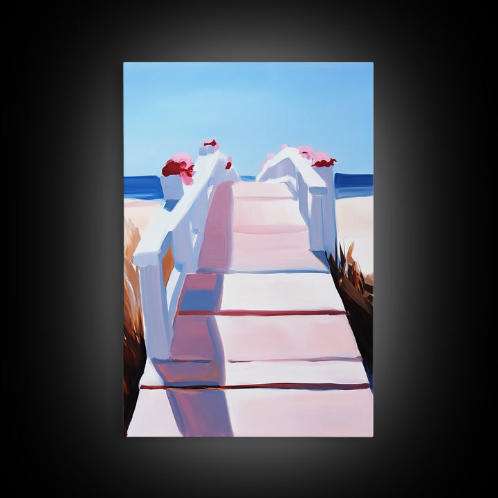 Boardwalk, Beach Print, Coastal Wall Art, Framed Canvas Print, Nautical Aesthetic, Minimalist Ocean Scene, Relaxing Artwork